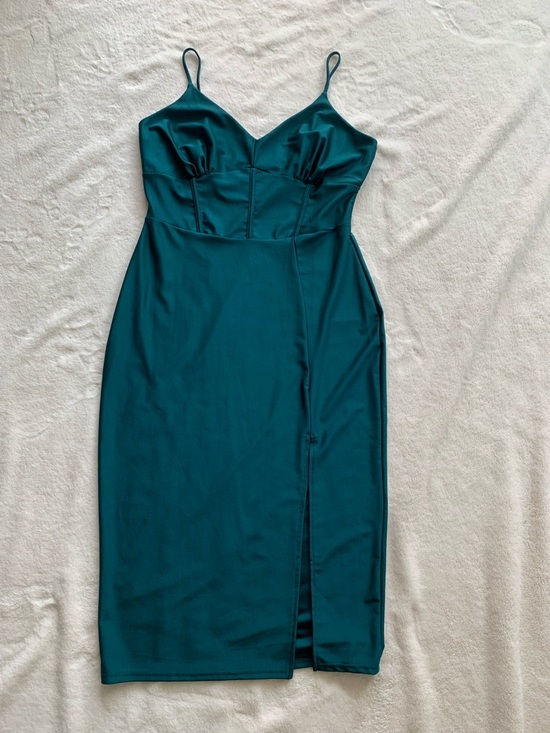None Dresses & Skirts - Sleek Teal Midi Slip Dress with Spaghetti Straps
